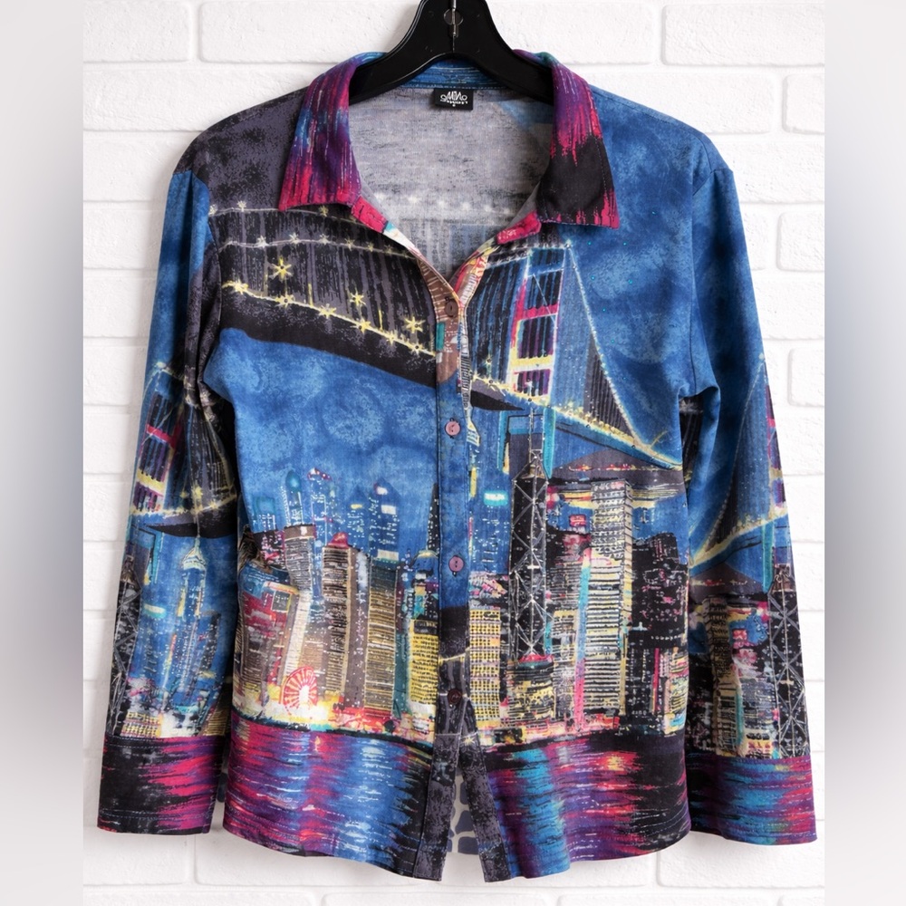 Miss Nikky Cityscape Button-Up Top Small Graphic Skyline Blouse Y2K